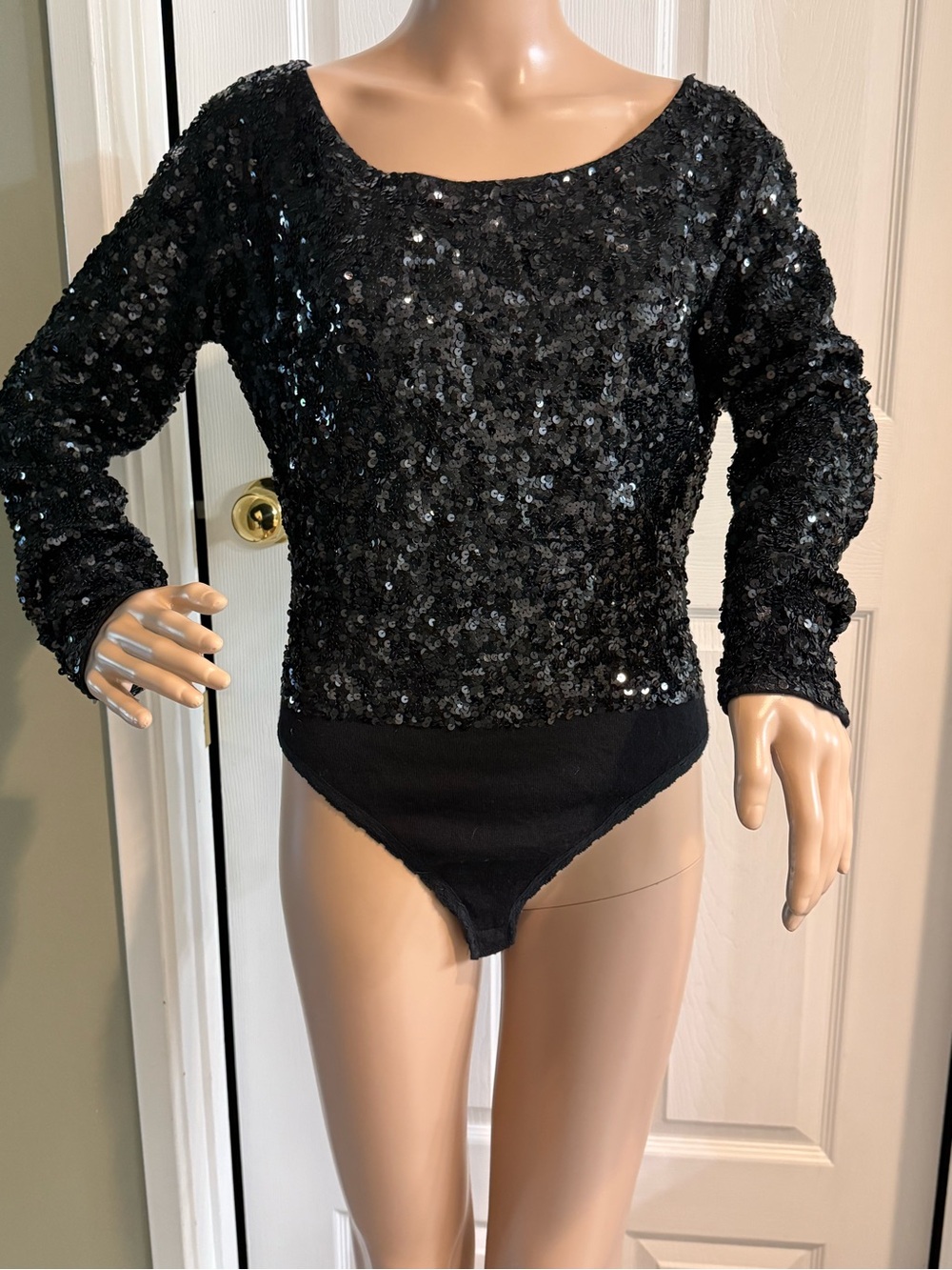 Vintage 90s Donna Karan Black Label Sequin Bodysuit M Black Wool Cocktail Party